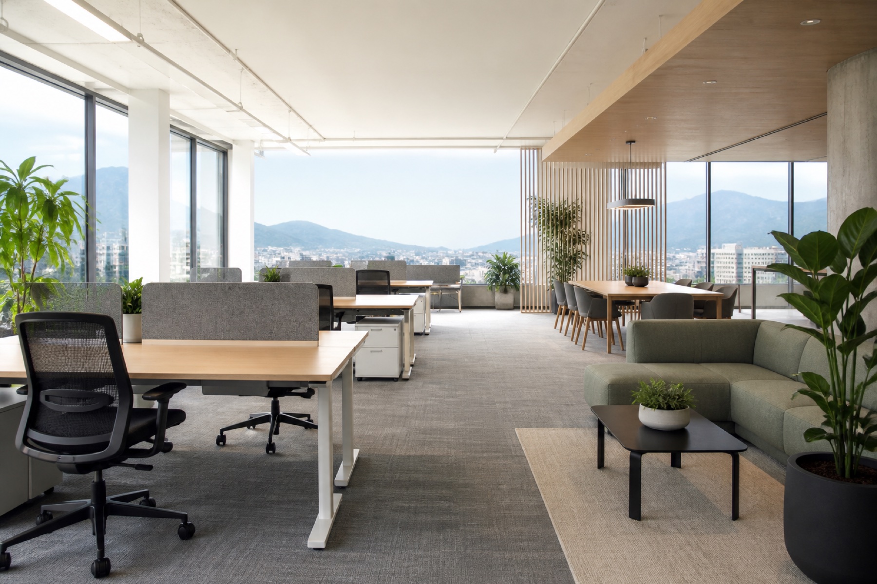 Workspace inspiration with bright windows, desks and collaborative seating