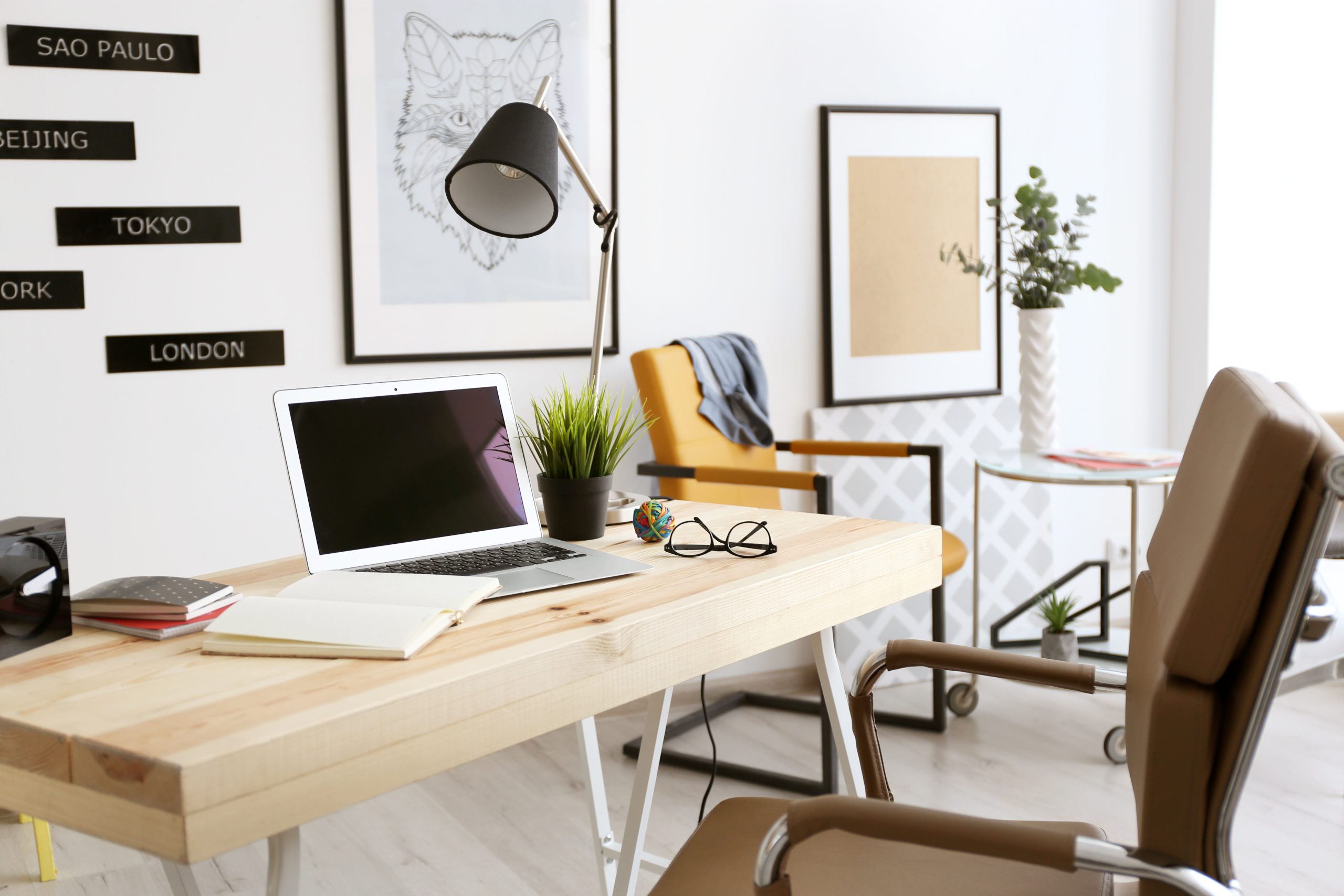 Modern home office with desk, ergonomic task chair, plants and natural light
